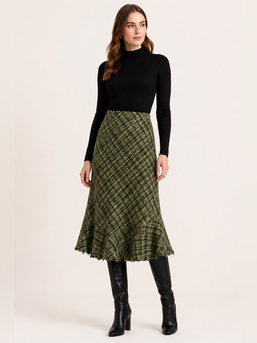 Hobbs of London Green Tweed Plaid Tulip Midi Skirt. Size 10.
